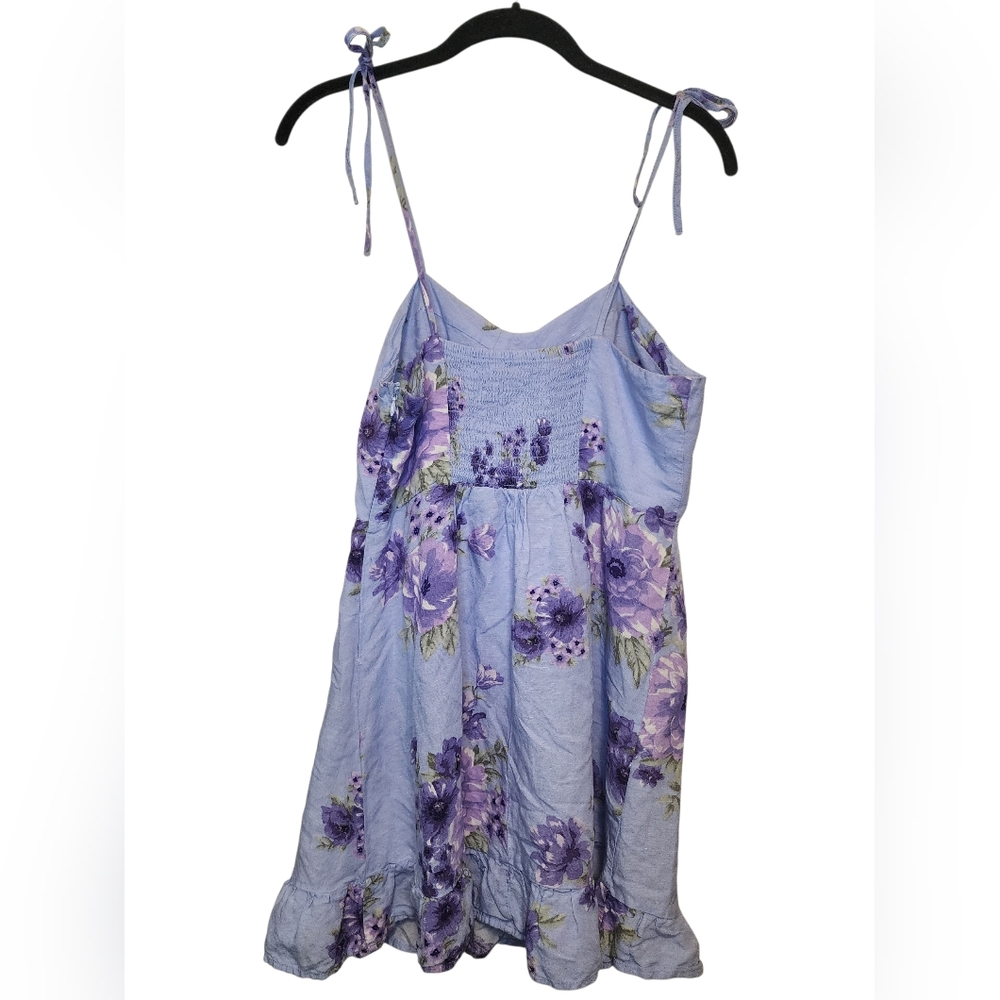 ​Forever 21 Purple Floral Linen Blend Mini Dress Tie Shoulder Ruffle - L - Picture 4 of 8